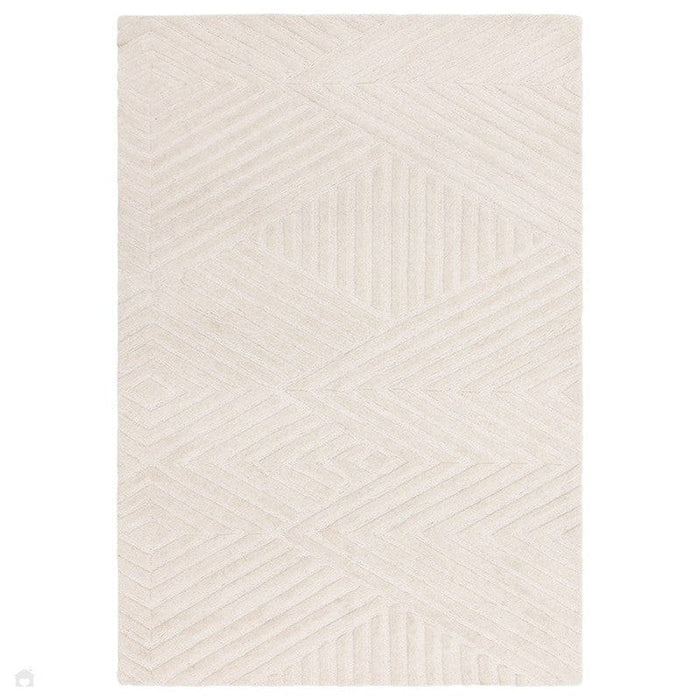 Hague Modern Plain Geometric Hand-Carved Hi-Low 3D Ridged Cut & Loop Textured Wool Ivory Rug