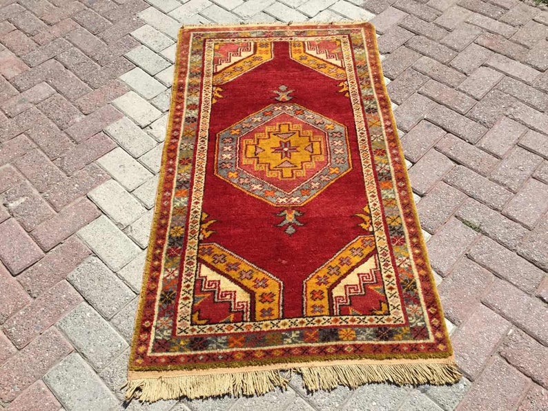 Hand Knotted Area Rug 145cm x 81cm Vintage Anatolian Design