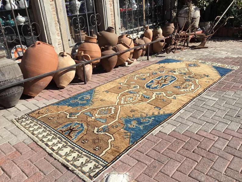 Hand Knotted Turkish Runner Rug 153.5" x 57" 1940s Vintage