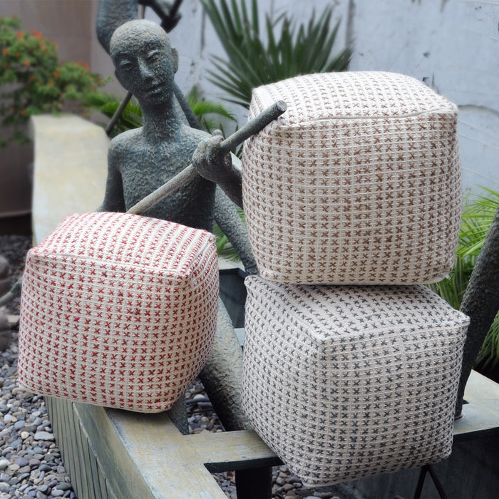 Hand Woven Cotton Hemp Pouf With Cross Stitch Design