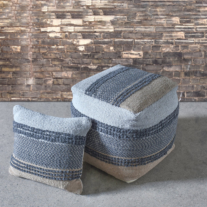 Hand-Woven Cotton Pouf in Taupe Blue and Grey Colors