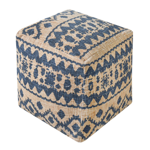 Hand-Woven Cotton Pouf with Printed Design in Blue and Natural