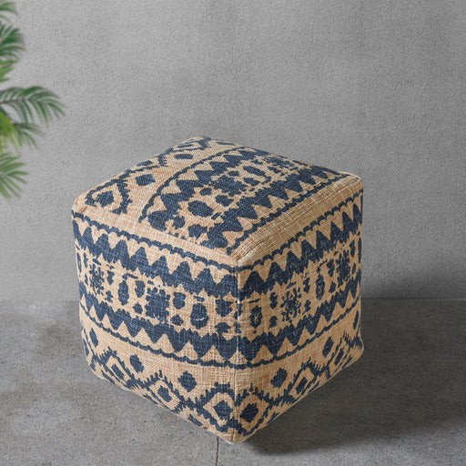 Hand-Woven Cotton Pouf with Printed Design in Blue and Natural