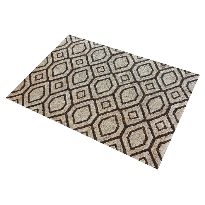 Hand-Woven Geometric Hemp and Leather Rug in Brown Shades