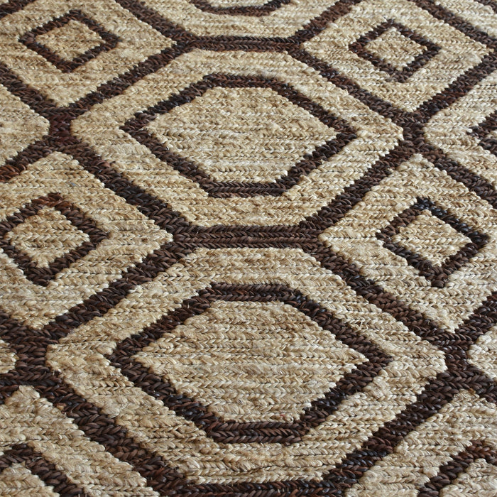 Hand-Woven Geometric Hemp and Leather Rug in Brown Shades