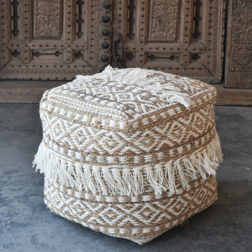 Hand Woven Hemp Pouf with Fringe for Scandinavian Interiors