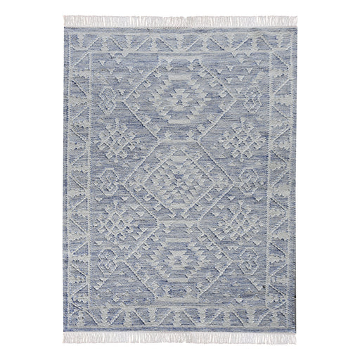 Hand Woven Hemp Wool Rug in Blue and Ivory