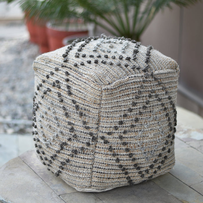 Hand-Woven Hemp and Wool Pouf with Diamond Stitches