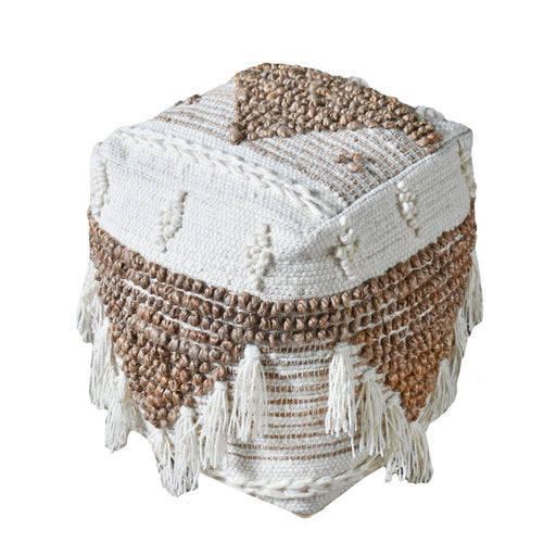 Hand-Woven Hemp and Wool Pouf with Fringe Design