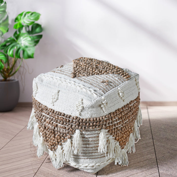 Hand-Woven Hemp and Wool Pouf with Fringe Design