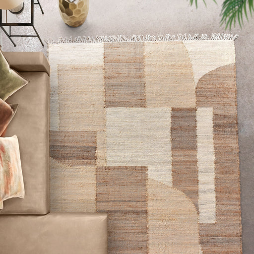 Hand Woven Jute Rug With Muted Colors And Straight Line Patterns