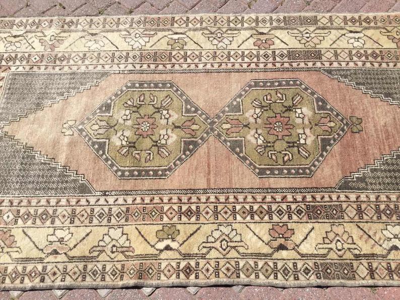 Handknotted Pastel Rug 258 cm x 124 cm Vintage Turkish Design