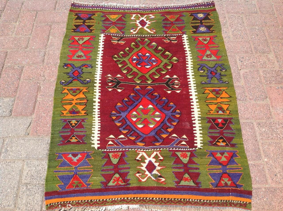 Handgemaakt groen kelimkleed 111 x 89 cm vintage wol-katoen