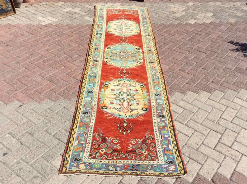 Handmade Mid Century Runner Rug 355cm x 94cm Antique Design