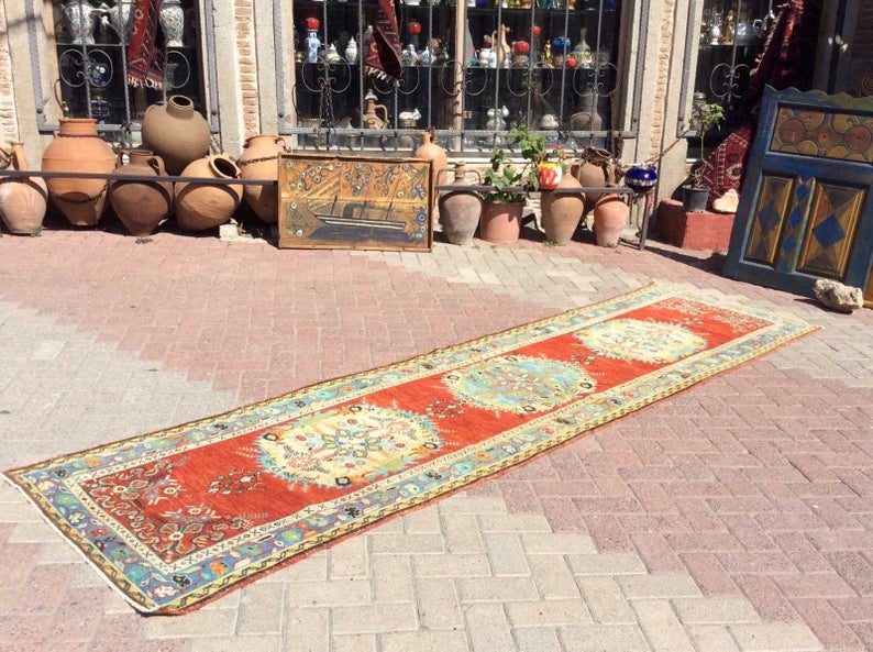 Handmade Mid Century Runner Rug 355cm x 94cm Antique Design