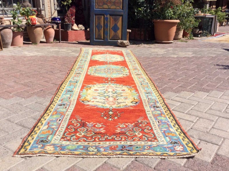 Handmade Mid Century Runner Rug 355cm x 94cm Antique Design