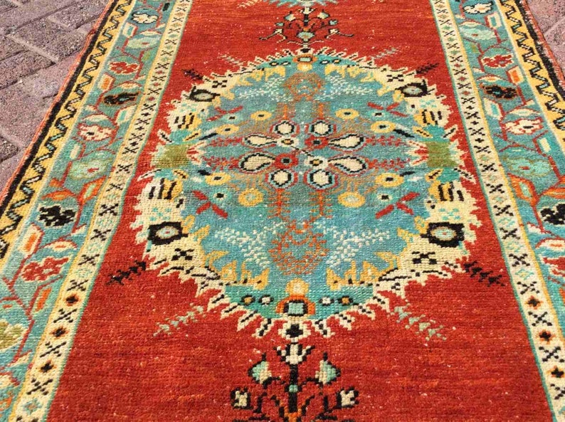 Handmade Mid Century Runner Rug 355cm x 94cm Antique Design