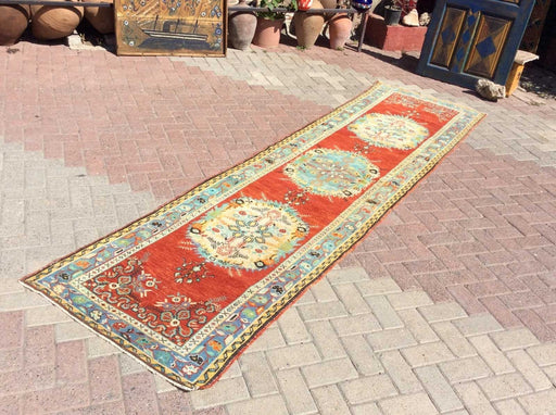 Handmade Mid Century Runner Rug 355cm x 94cm Antique Design