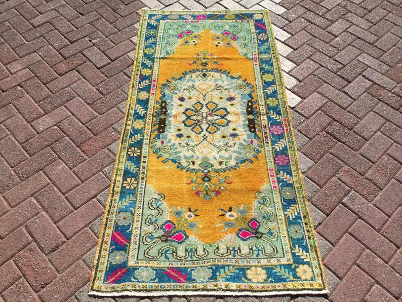 Handgemaakt oranje vintage Turks tapijt 192 cm x 89 cm