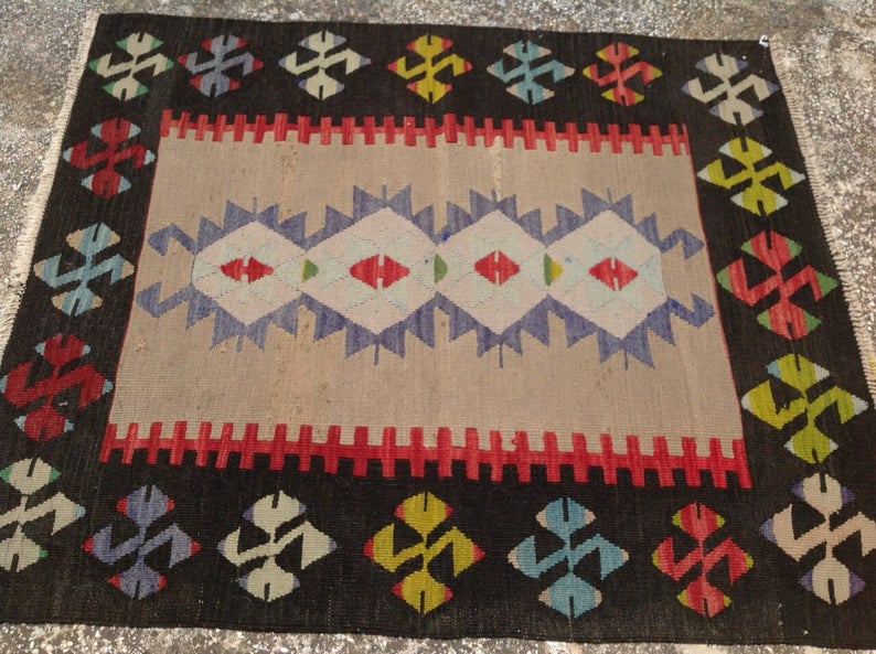 Handmade Vintage Kilim Rug 103cm x 87cm Wool from Turkey