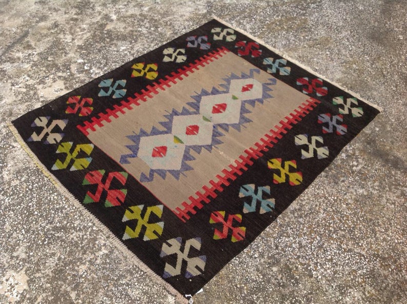 Handmade Vintage Kilim Rug 103cm x 87cm Wool from Turkey