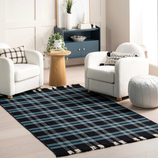 Handwoven Black Plaid Fringed Area Rug 150x90 cm