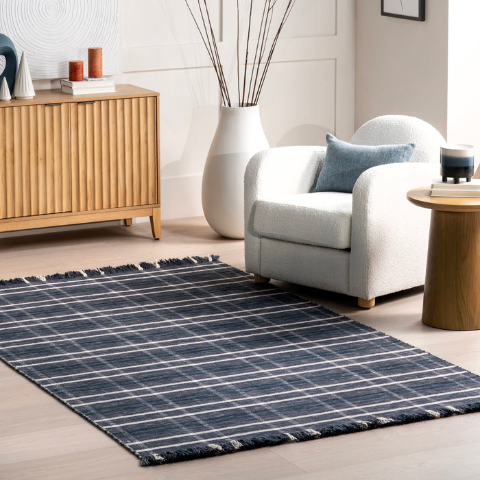 Handwoven Blue Plaid Fringed Area Rug 150x90 cm