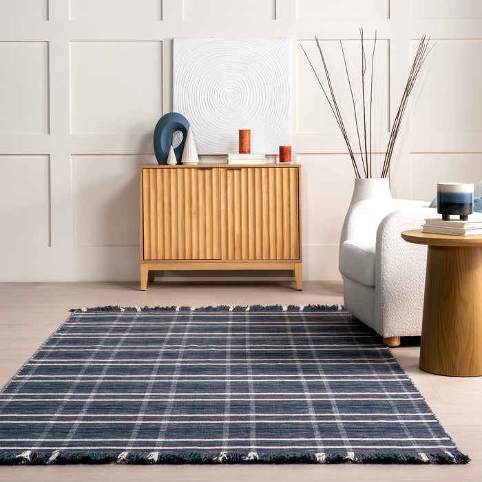 Handwoven Blue Plaid Fringed Area Rug 150x90 cm