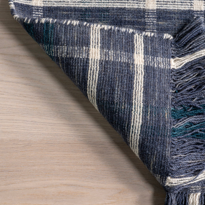 Handwoven Blue Plaid Fringed Area Rug 150x90 cm