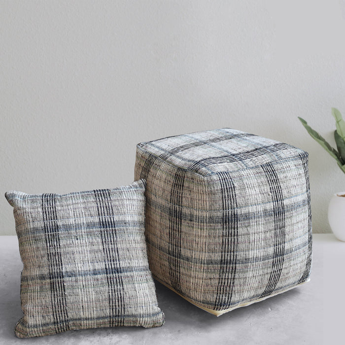 Pouf in cotone intrecciato a mano con seduta in lurex grigio