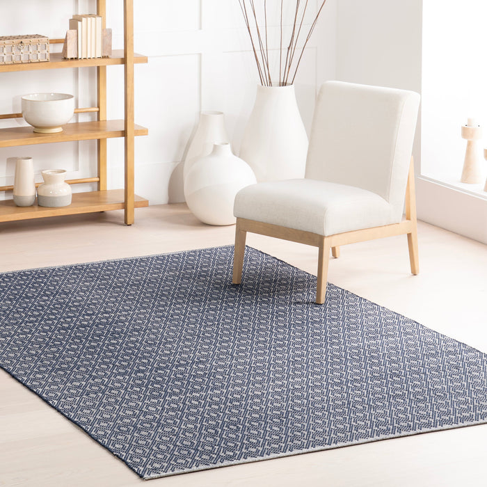 Handwoven Cotton Rug in Blue with Geometric Design