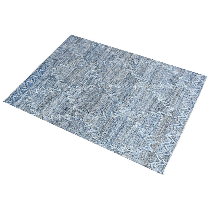 Handgeweven denimblauw geometrisch vloerkleed 100% gerecycled materiaal