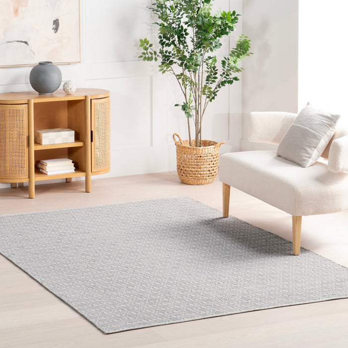 Handwoven Grey Cotton Rug With Geometric Design