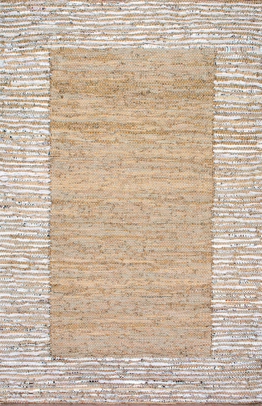 Handwoven Leather Rug with Striped Border in Beige 120x180 cm