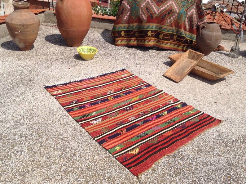 Handwoven Striped Kilim Rug 128cm x 91cm Vintage Turkish Design