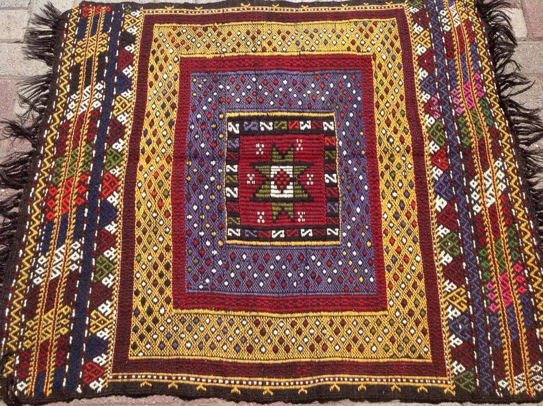 Handwoven Vintage Rug 106cm x 94cm Turkish Tapestry