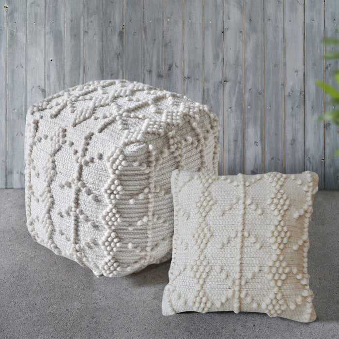 Handwoven Wool Pouf In Ivory And Blue