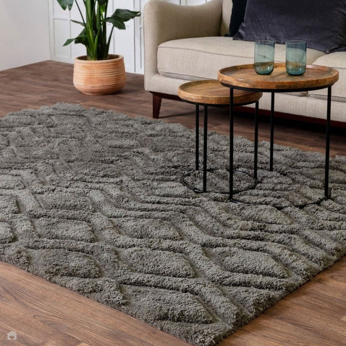 Harrison Modern Plain Hand-Carved Geometric Hi-Low Plush Soft Polyester Boho Shaggy Charcoal Grey Rug