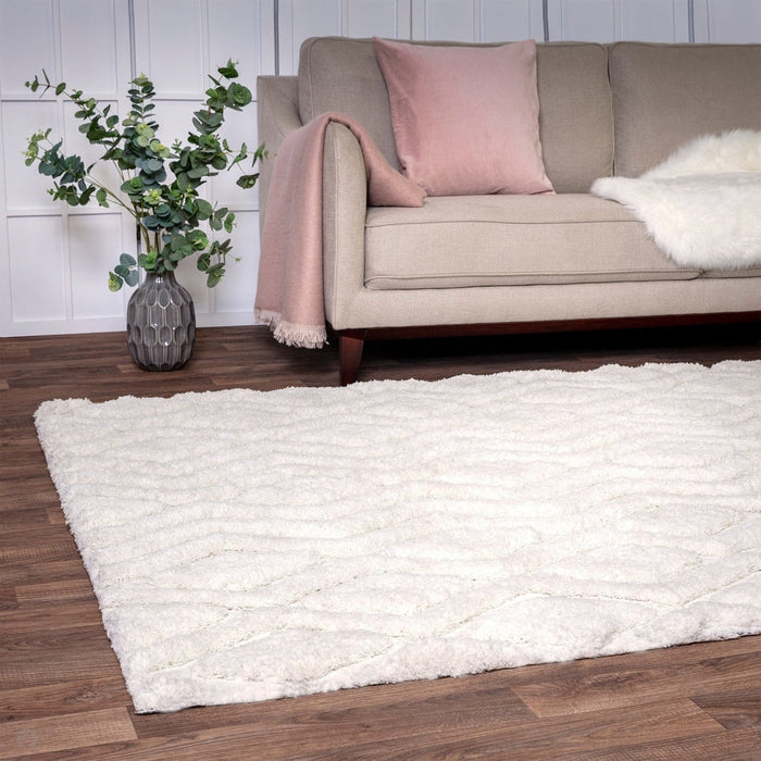 Harrison Modern Plain Hand-Carved Geometric Hi-Low Plush Soft Polyester Boho Shaggy Off White Rug