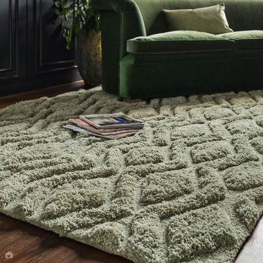 Harrison Modern Plain Hand-Carved Geometric Hi-Low Plush Soft Polyester Boho Shaggy Sage Green Rug