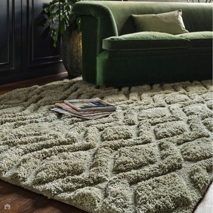 Harrison Modern Plain Hand-Carved Geometric Hi-Low Plush Soft Polyester Boho Shaggy Sage Green Rug