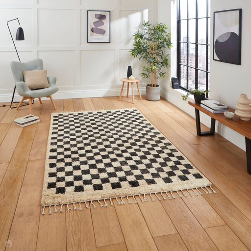 Hemp 26588 Modern Geometric Checkered Hand-Knotted Natural Fibre Heavyweight High-Density Durable Textured Black/Beige/Natural Rug