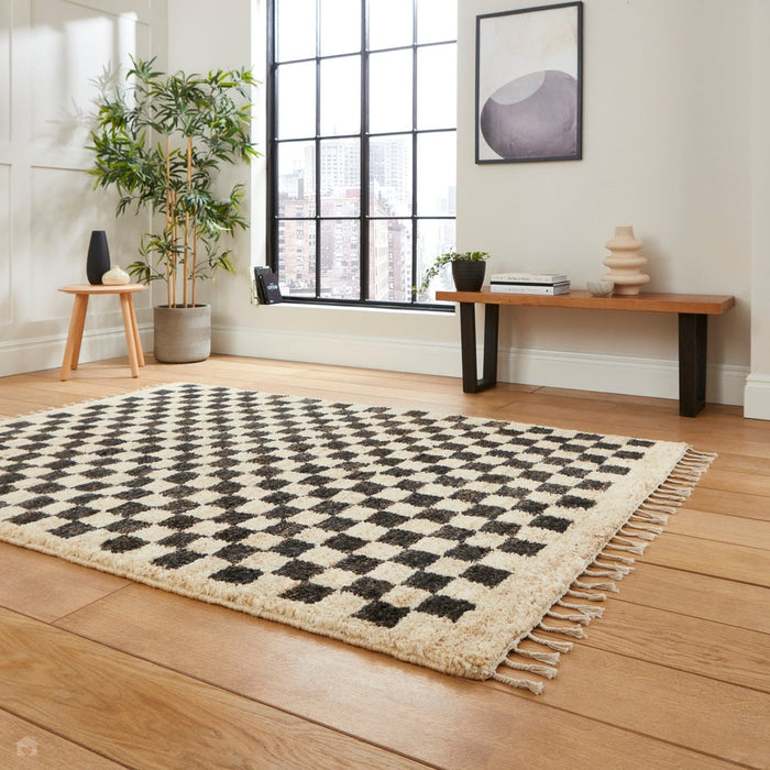 Hemp 26588 Modern Geometric Checkered Hand-Knotted Natural Fibre Heavyweight High-Density Durable Textured Black/Beige/Natural Rug