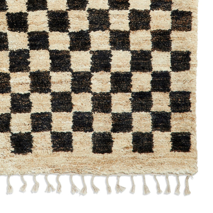 Hemp 26588 Modern Geometric Checkered Hand-Knotted Natural Fibre Heavyweight High-Density Durable Textured Black/Beige/Natural Rug