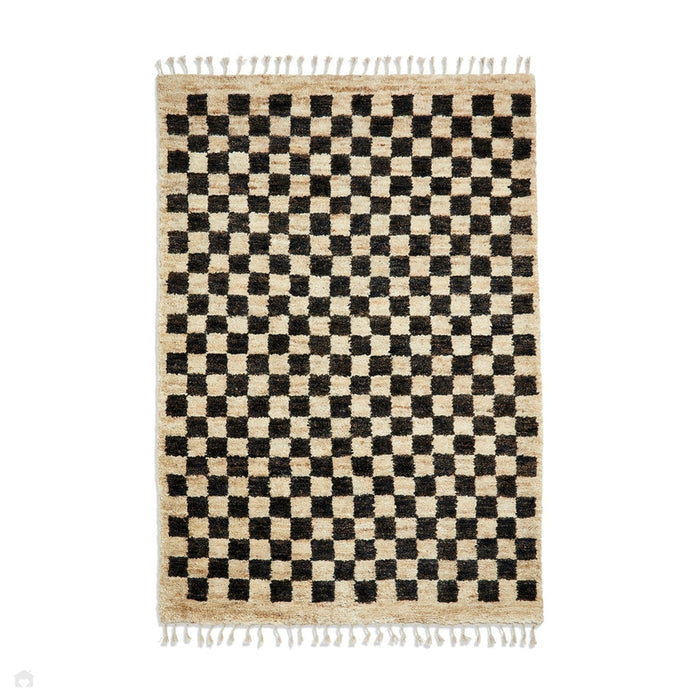 Hemp 26588 Modern Geometric Checkered Hand-Knotted Natural Fibre Heavyweight High-Density Durable Textured Black/Beige/Natural Rug