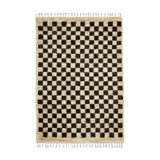 Hemp 26588 Modern Geometric Checkered Hand-Knotted Natural Fibre Heavyweight High-Density Durable Textured Black/Beige/Natural Rug