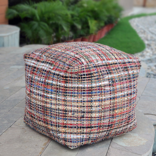 Hemp And Leather Hand Woven Pouf For Living Room Decor