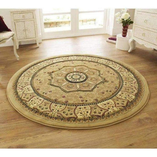 Heritage 4400 Traditional Medallion Floral Tonal Vines Border Soft Hand-Carved Hi-Low Beige Round Rug