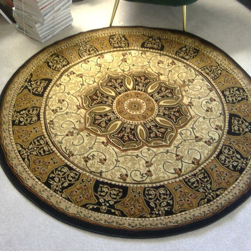 Heritage 4400 Traditional Medallion Floral Tonal Vines Border Soft Hand-Carved Hi-Low Black/Cream/Beige Round Rug