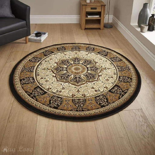 Heritage 4400 Traditional Medallion Floral Tonal Vines Border Soft Hand-Carved Hi-Low Black/Cream/Beige Round Rug